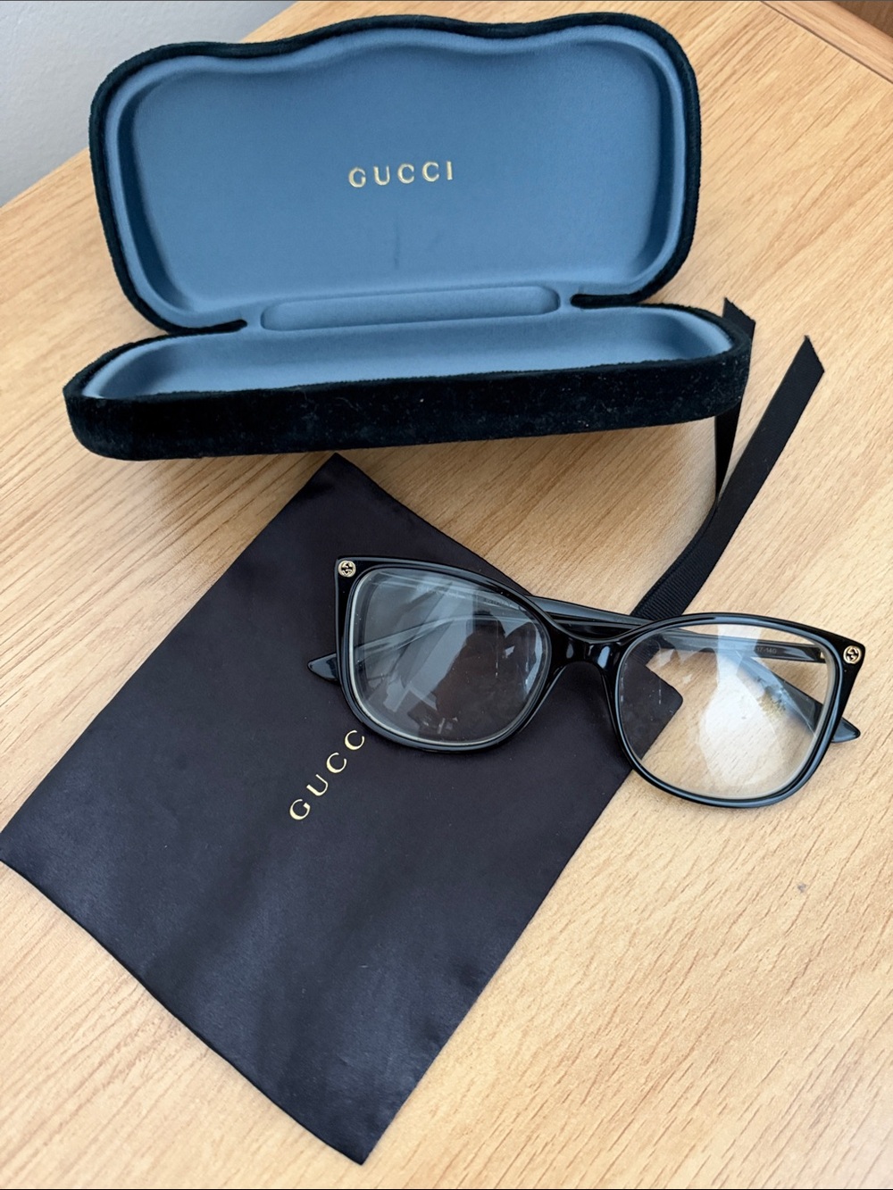 Gucci Black Optical Glasses with Gold Temple Emblems